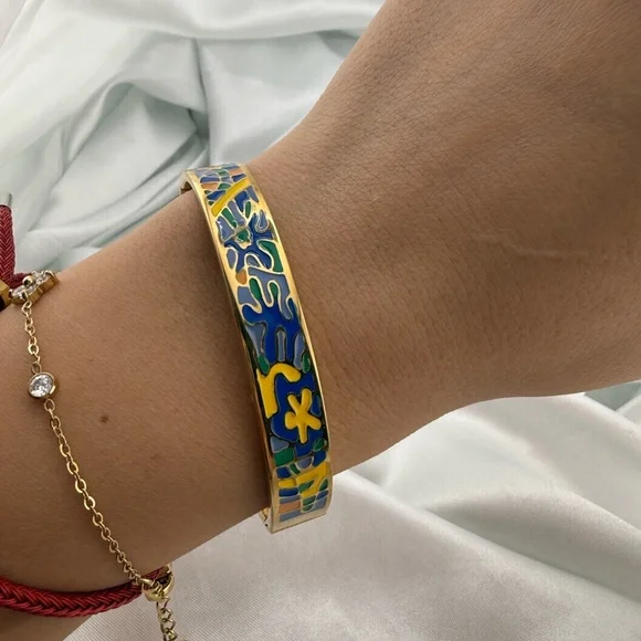 Multicolour Gold modern art blue and yellow Stainless steel cuff bracelet - Picture 4 of 10
